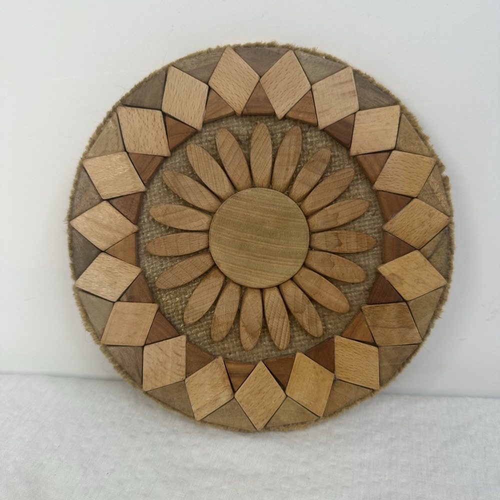 Round Wooden Mosaic Style Trivet Handmade 6.5" Diameter Diamond Floral Sun‎